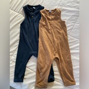 2 pieces blue and tan onesie overalls, 18-24mo